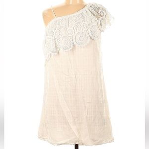 Blue rain, white, one shoulder, mini shift dress, embroidered ruffle neckline, M
